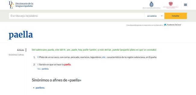 Versión actualizada de la definición de 'paella' en la edición digital del diccionario de la RAE.