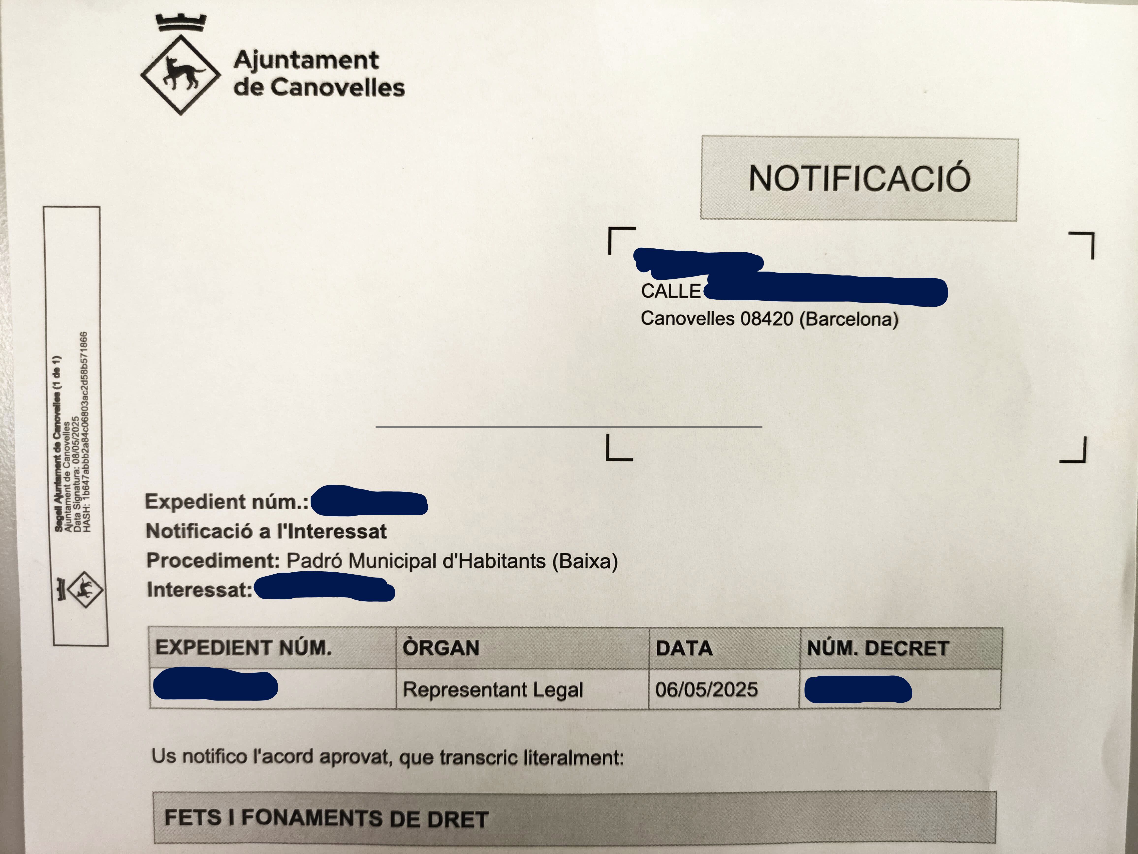 L&#039;Ajuntament de Canovelles ha notificat expedients de baixa del padró a 85 persones alhora.